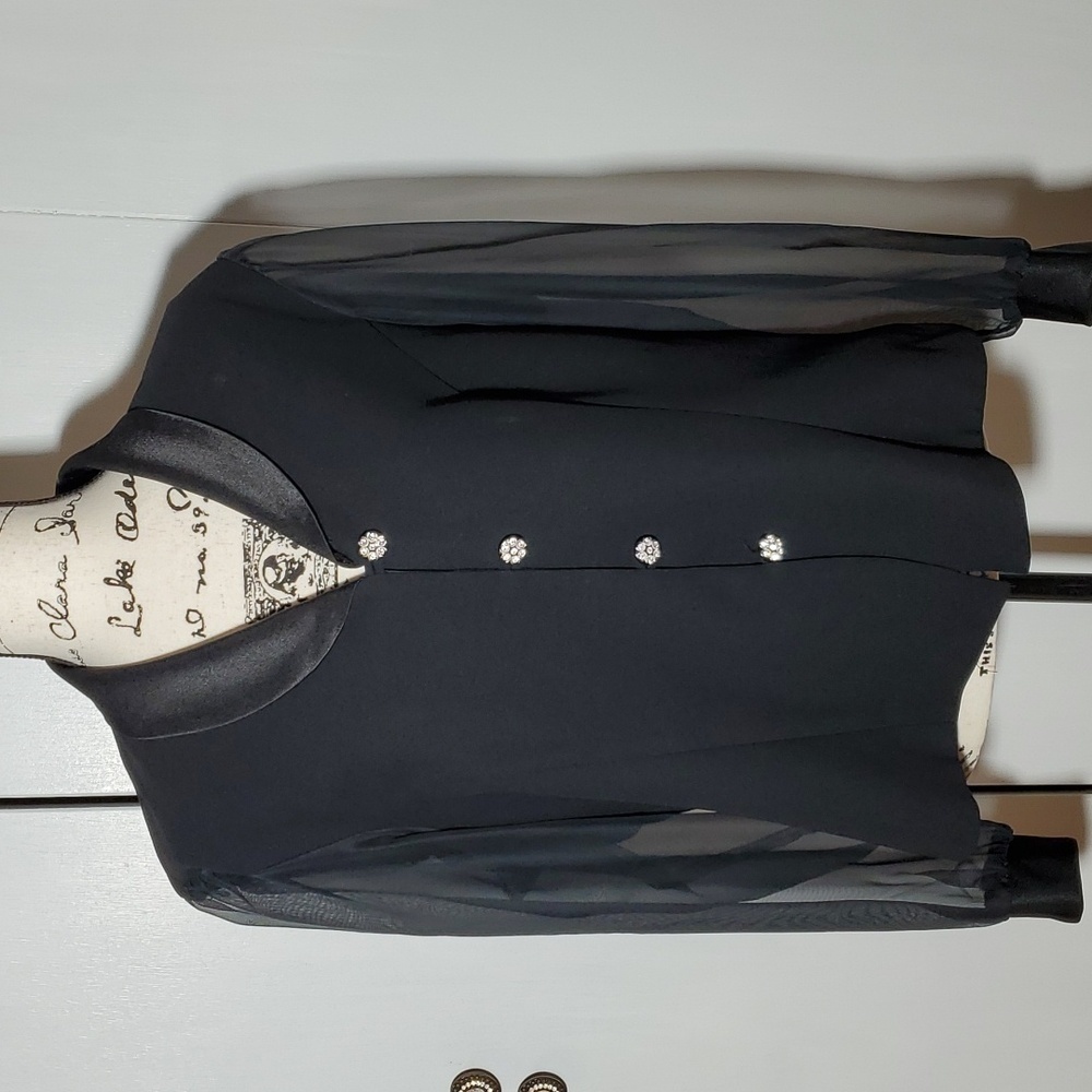 Metaphor| Women's Black Satin Collar Sheer Sleeves Evening Top Sz.XL